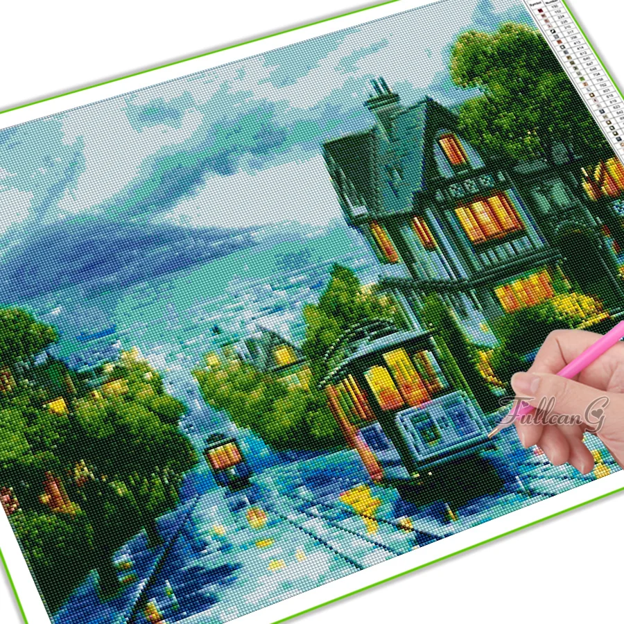 streetcar diy diamond painting cross stitch mountain lake 5d full handmade embroidery landscape house mosaic picture