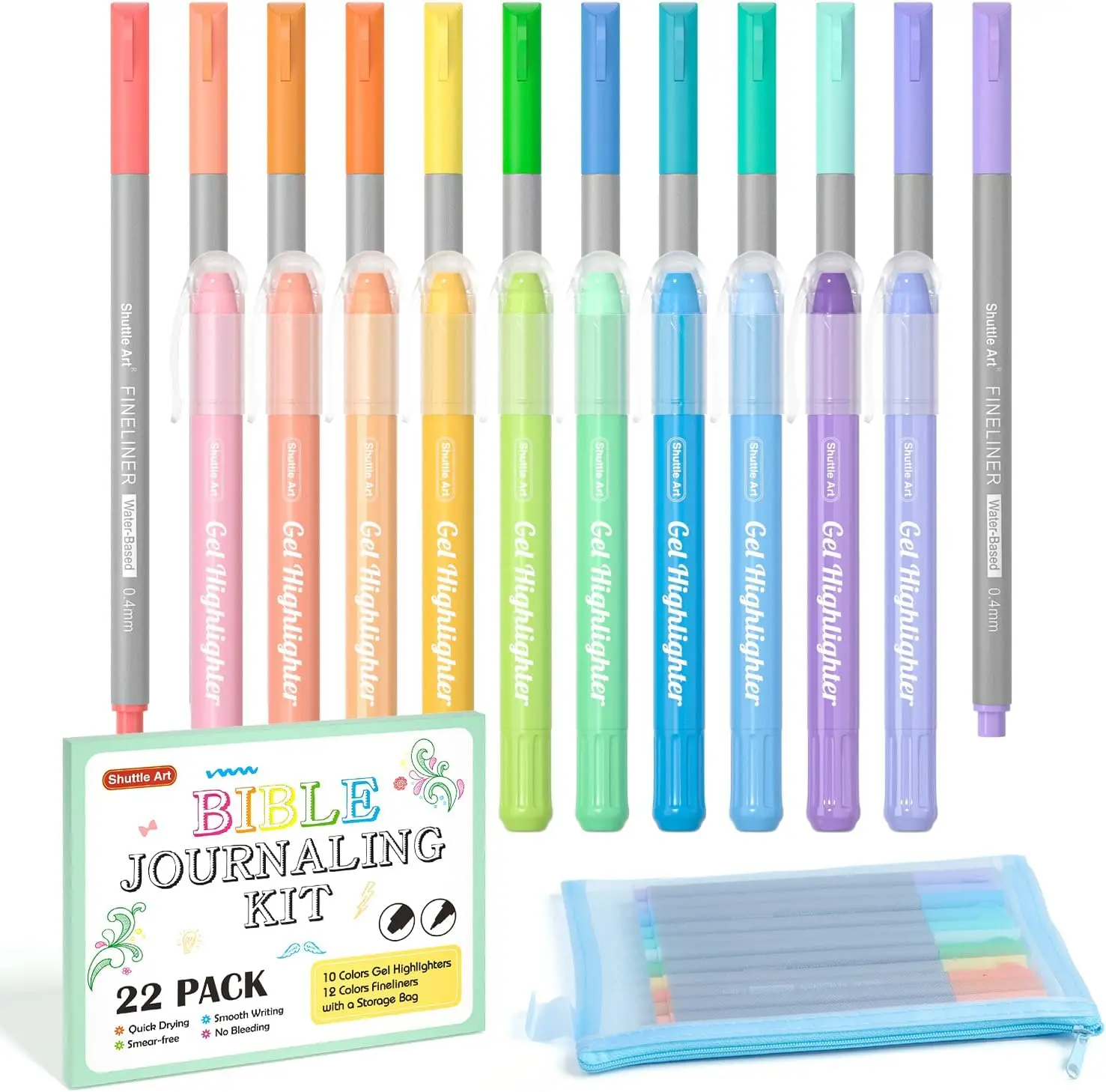 Shuttle Art Bible Highlighters and Pens No Bleed, 22 Pack Bible Journaling Kit, 10 Colors Gel Highlighters and 12 Colors Fineliner Pens with a storage bag, Bible Markers No Bleed Through