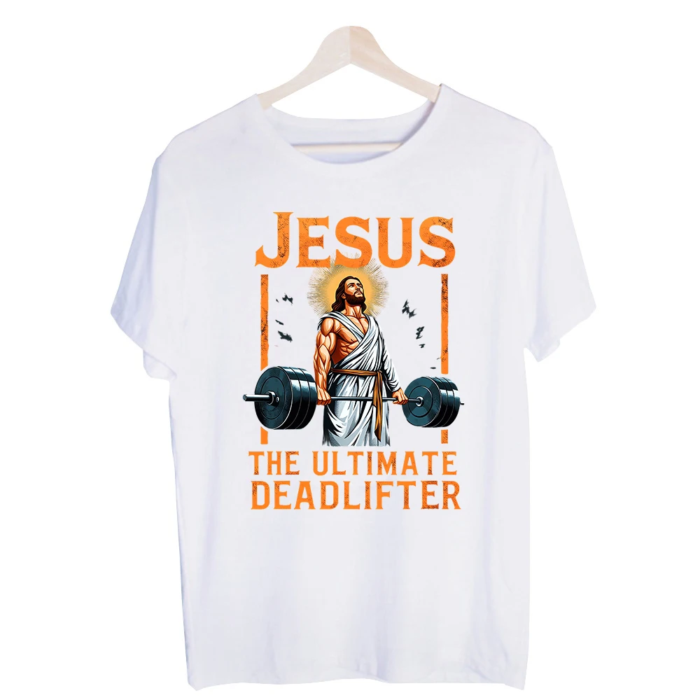 Men's Religious Figure Lifting Weights Graphic Tee, Short Sleeve Crew Neck T-Shirt for Casual Daily Wear