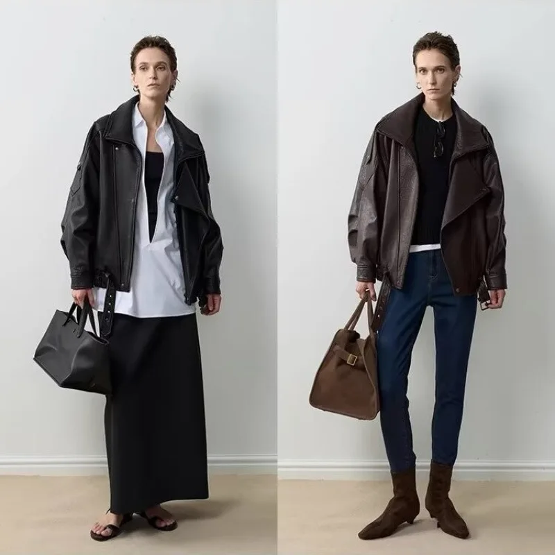 

Fashion High Street Plush Leather Motorcycle Jacket Women's High-end Foam Leather Jacket Autumn New Style Loose ,Cool Silhouette