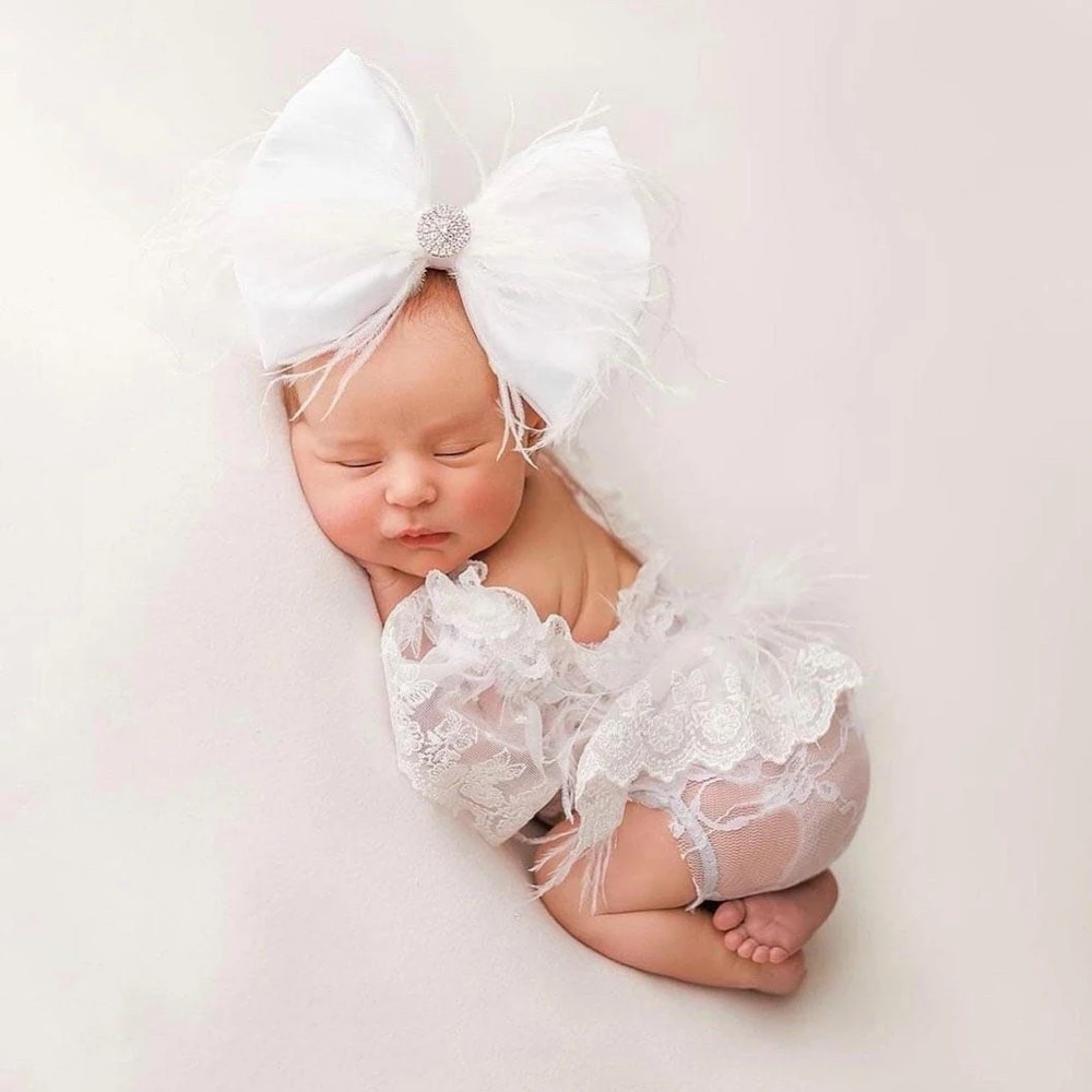 Newborn Photography Feather Bow Outfit White Lace Romper Baby Photo Props Angel Wings Headband Studio Photo Shoot AccessoriesSet