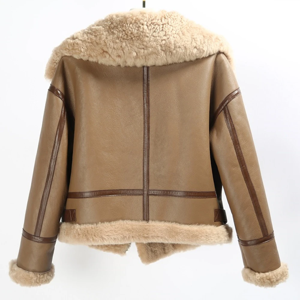 Bazaar Lamb Fur Shearling Clothing Women Full Pelt Short Moto Biker Fur Jacket Black Real Fur Overcoat