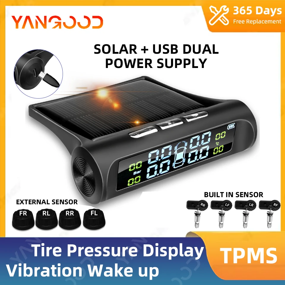 Intelligent Auto Solar Power TPMS Pressure Alarm Monitoring System Parking Sensors For Cars Temperature Tire Air Pressure Gauge