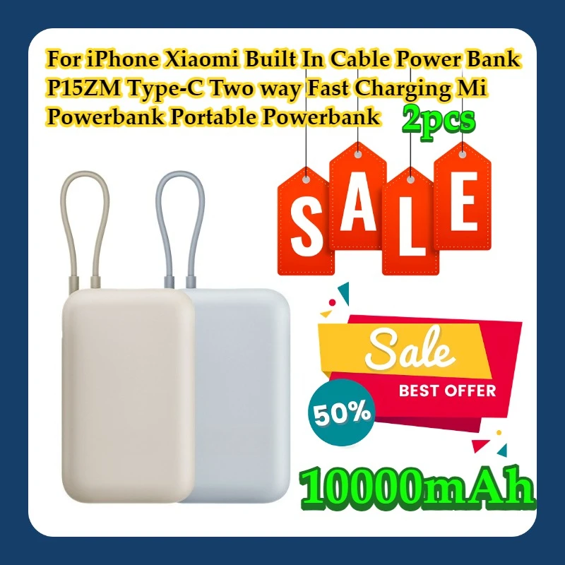 

For iPhone Xiaomi Built In Cable Power Bank 10000mAh P15ZM Type-C Two way Fast Charging Mi Powerbank Portable Powerbank 2pcs