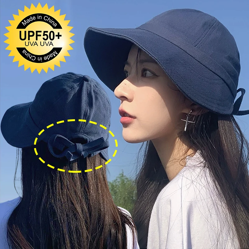 Wide Brim Summer Outdoor Hat Women Foldable Beach Fisherman Sunhat Adjustable UV Protection Bucket Caps Ponytail Panama Cap