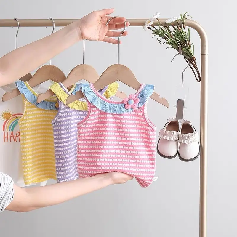 Toddler Girls Summer Striped Sleeveless Top Scallop Doll Collar Floral Print Cotton Lightweight Chic Baby Wear