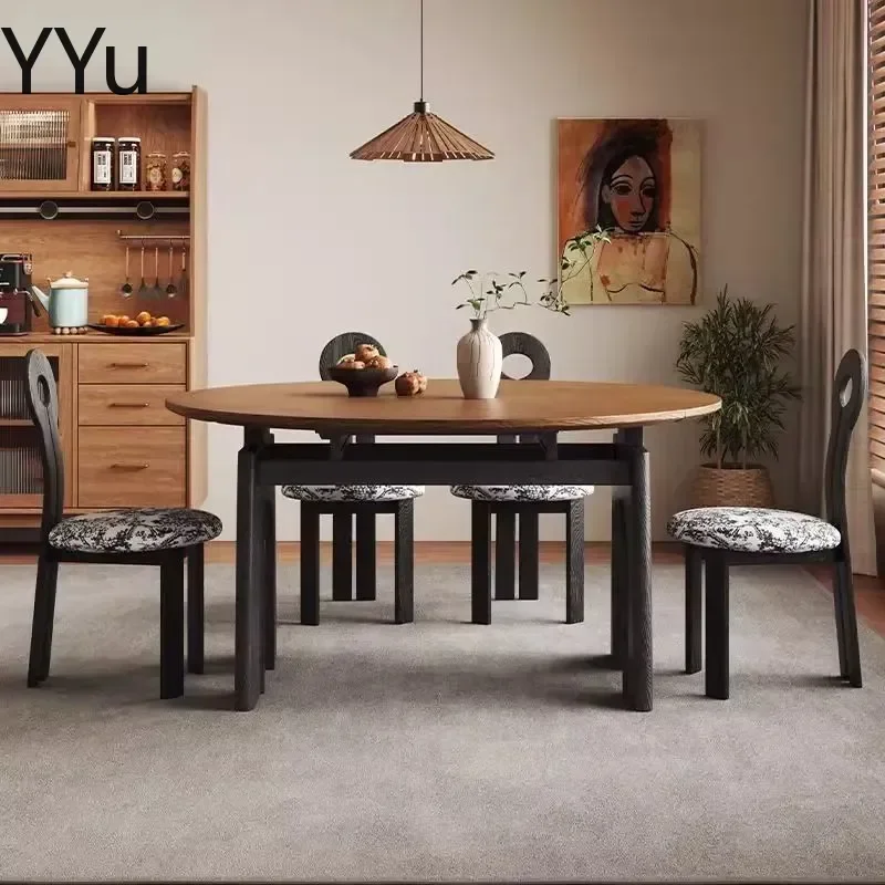 for Medieval French Retro Solid Wood Dining Table Telescopic Folding Round Extendable Kitchen Table Set with Chairs Home