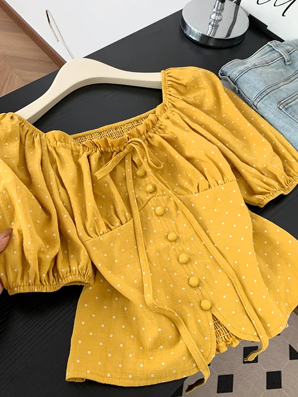 

Летняя женская блузка свободного покроя с квадратным воротником в горошек на одно плечо Bubble Sve irt, повседневная блузка свободного покроя