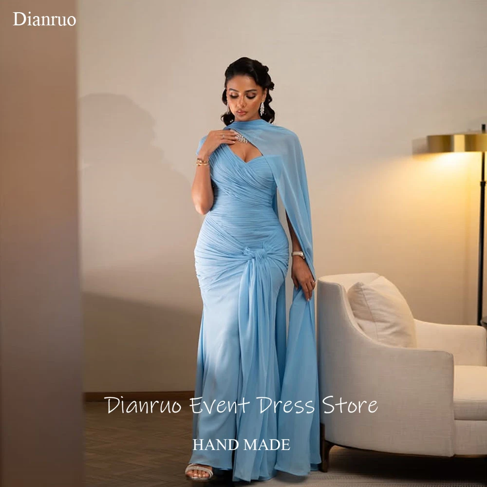 

Dianruo Blue Flowy Slit Mermaid Evening Dresses A Line Chiffon Dresses For Women Abendkleider Dubai Ruched Prom Gowns Customized