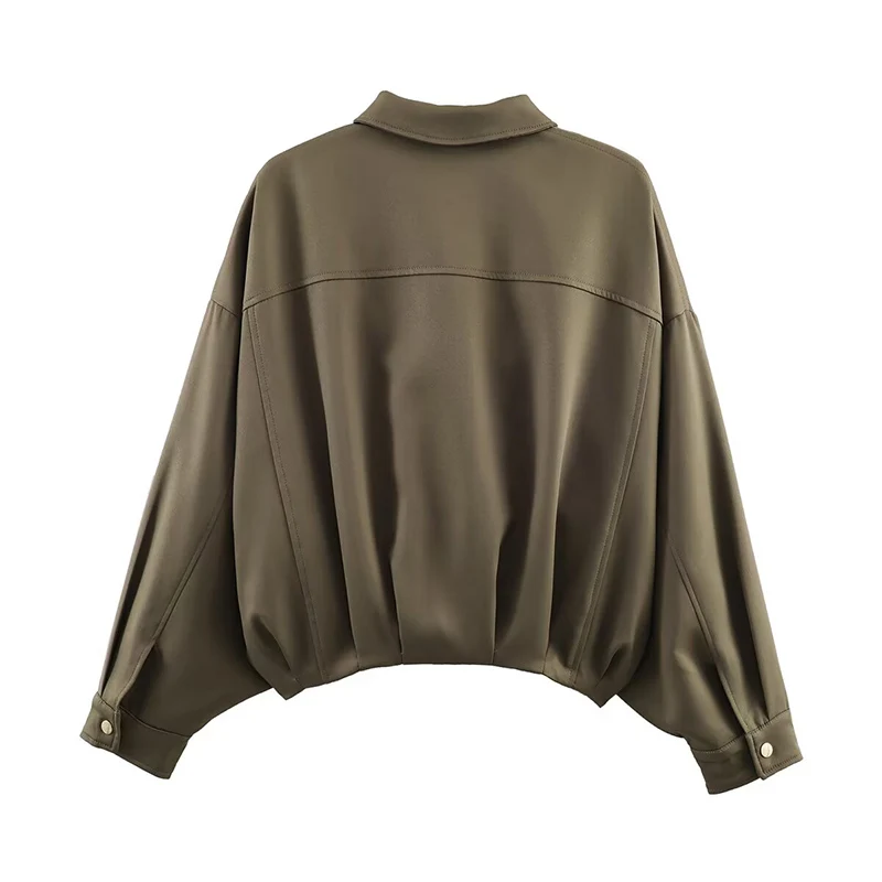 レディースターンダウンカラーワークウェアジャケットルーズヘムギャザーポケット付き秋冬カジュアル通勤ジャケット女性冬コート