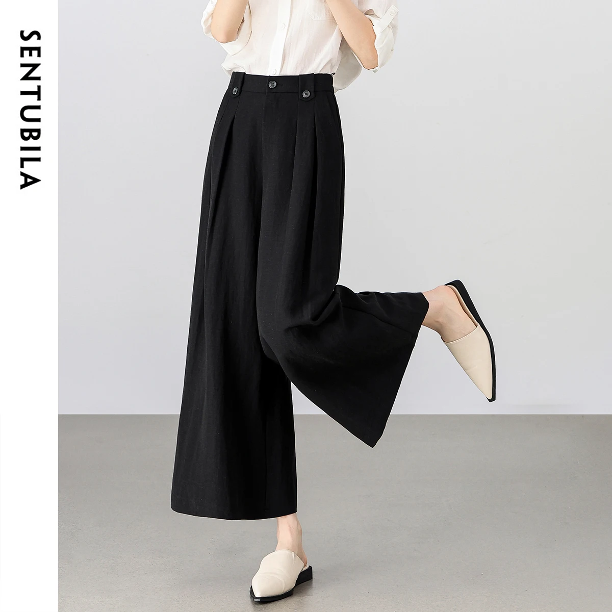 

SENTUBILA Linen Wide Leg Pants for Woman 2025 Summer Office Lady Elastic High Waist Pants Solid Ankle Length Trousers 152K56272