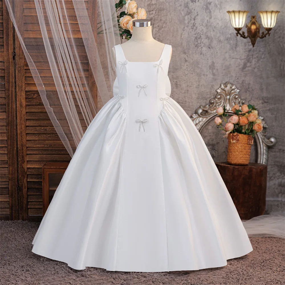 Girls White Satin Sleeveless Flower Girl Dress Square Neck Bow Beaded Long Ball Gown Kids Wedding First Communion Dress ASQ03