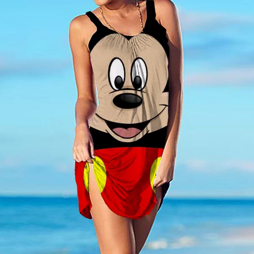 2024 New Sexy Mickey Mouse Mini Beach Dress donna Spaghetti Strap Stitching abiti donna elegante Evening Party Club Dress