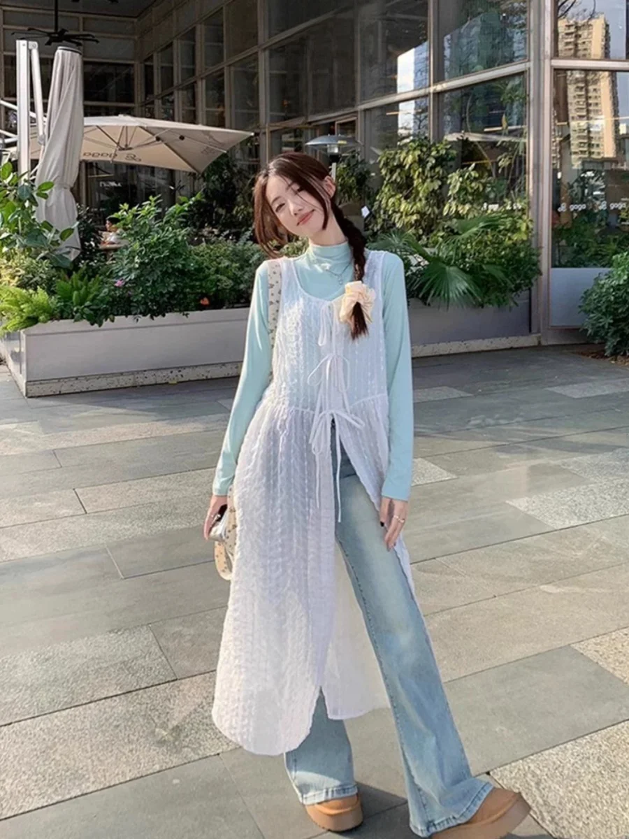 Gilet long transparent en dentelle Dr Vêtements intérieurs de printemps pour femmes T-shirt Sve Taille haute Jupe trapèze U-neline Couleur pure Commu...