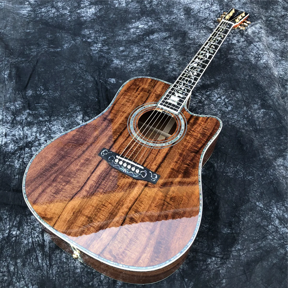 

All Koa Wood Acoustic Guitar Abalone Tree Of Life Inlays Ebony Fingerboard 41" Cutaway D Type Guitarra