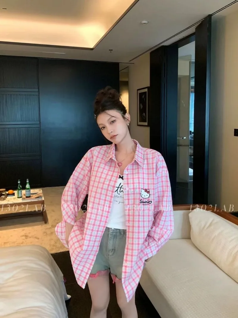 

New Korean Style Sweet Oversized Loose Hello Kitty 3D Bow Pink Plaid Long Sleeved Girls' Shirt Kawaii Clothes Aesthetic Y2k Top