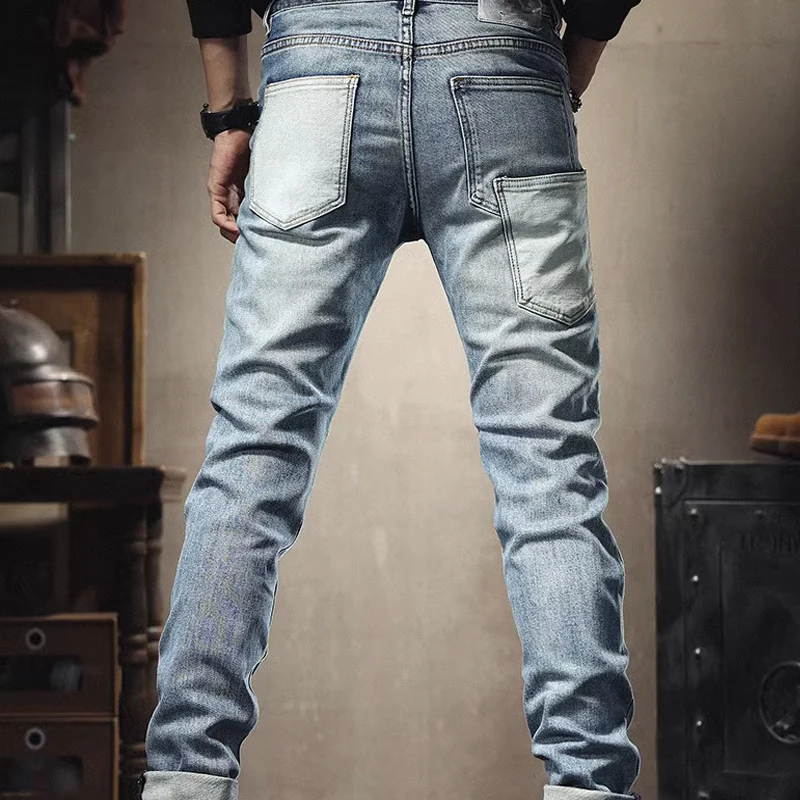 Pantalones vaqueros rasgados de empalme para hombre, Jeans ajustados de alta calidad, informales, ajustados, Vintage, azul, Hip Hop, ropa de calle