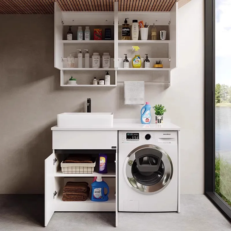 Floor-standing balcony washbasin and washing machine cabinet combination with large countertop for storage