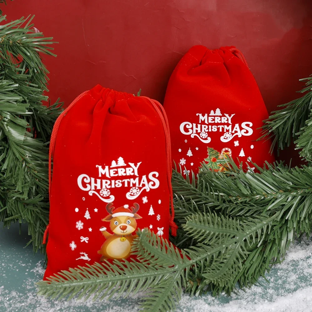 Merry Christmas Velvet Bags Drawstring Pouch Candy Snack Gifts Bag Jewelry Packaging Bags For Christmas New Year Decoration