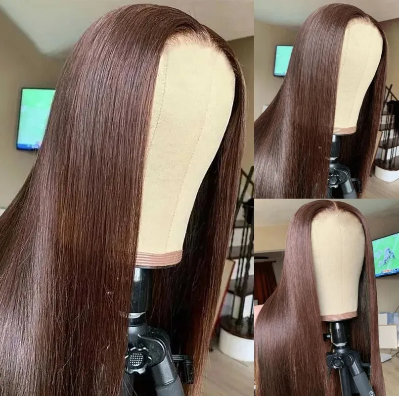 

Heat Resistant Hair Reddish brown Pre Plucked T Lace Front Wigs Long Straight