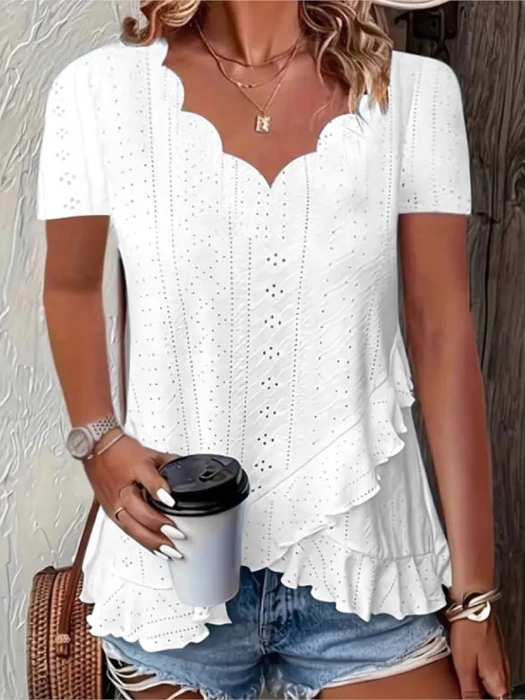 Lady Casual White T Shirt Tops Fashion Short Sleeve V Neck Ruffles Tee Shirt Femme Holiday Boho Summer Women's Clothing New 2025