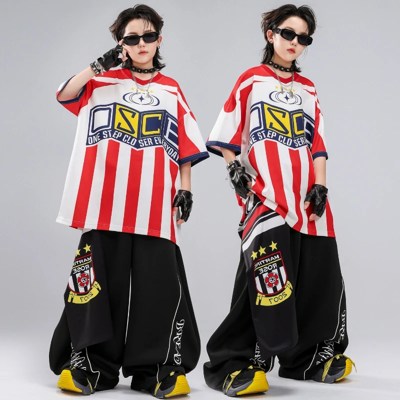 Street Fashion For Boy - ファッションストリートダンス服男の子用ストライプ Tシャツカジュアルパンツ新しいヒップホップパフォーマンス衣装ストリートウェアジャズステージ衣装