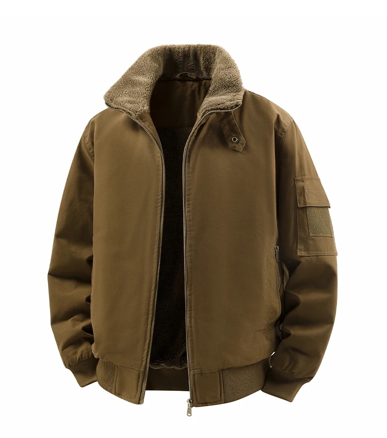 Male Reversible Washed Pure Cotton Fleece Lined Thick Jacket Multi Pocket Stand Collar Workwear Business Coat For Middle Aged