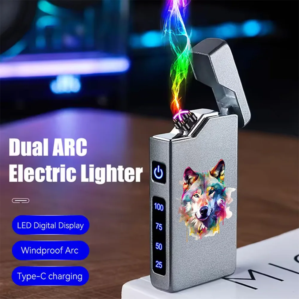 1pc Windproof Electric Arc Lighter with Colorful Wolf Head Pattern, Watercolor Style, USB Rechargeable Lighter, Dual Arc Flameless Lighter, Metal Casing, Battery Level Display, Long Battery Life, Gift for Boyfriend, Portable, Suitable for Camping