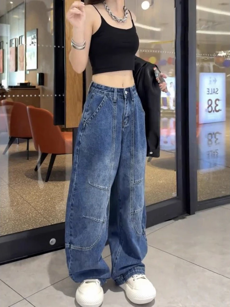 

American style loose curved knife wide leg jeans women spring new fashion versatile high waist street straight leg pants