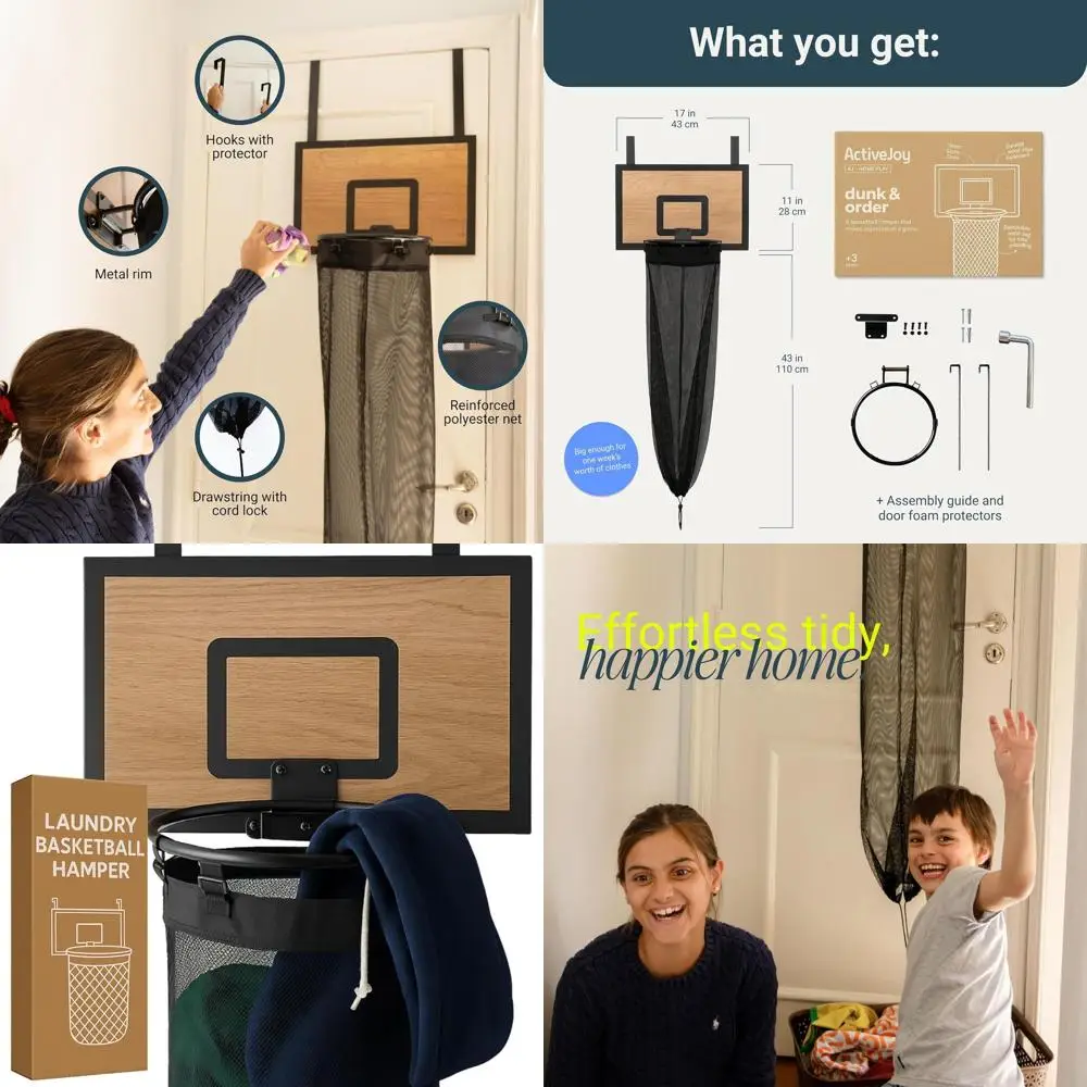 

Basketball-Themed Laundry Hamper with Wooden Backboard and Mesh Hoop - Cedarwood Brown, Over Door Hanging Organizer for Kids