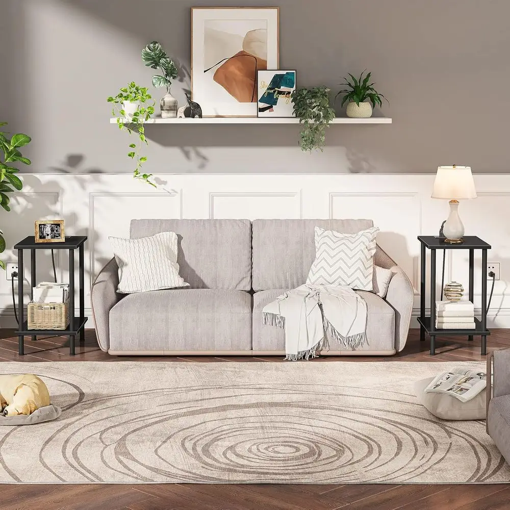 Black Dual-Purpose End Tables with USB Charging & Outlets, Storage Nightstand for Compact Spaces