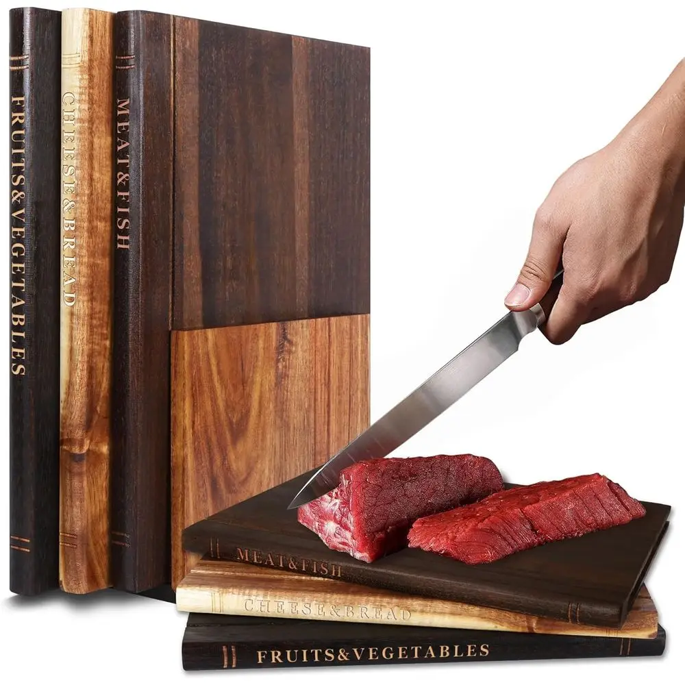 

Book Cutting Board Set of 3 With Stand, Solid Acacia Cutting Boards, Decorative Kitchen Accessories