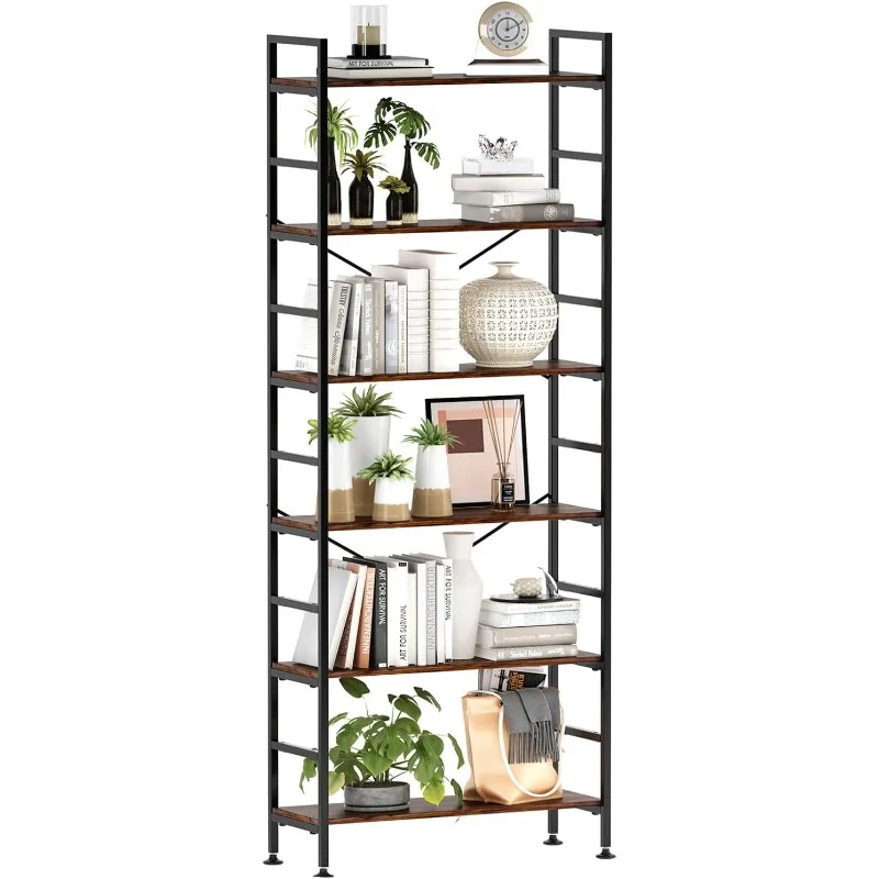 6-Tier Adjustable Tall Bookcase, Rustic Wood and Metal Standing Bookshelf, Industrial Vintage Book Shelf Unit,Office Bookcases