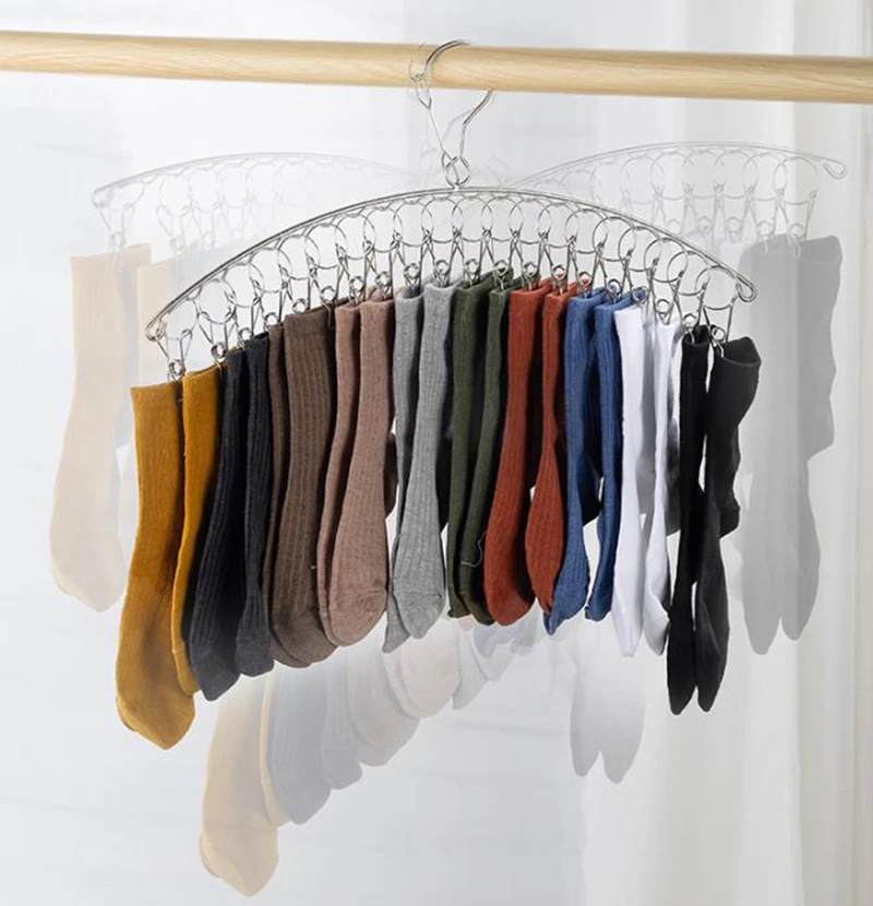 Stainless Steel Sock Rack With Windproof Curved 16-Clip Clothes Rack With 16 Clips Multi Functional Dual-Purpose Clothes Rack