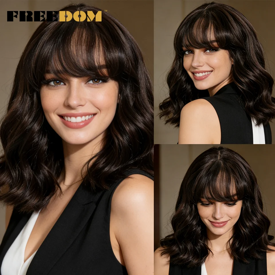 

FREEDOM Synthetic Wig With Bangs 12 Inch Short Bob Lace Front Wigs For Women Natural Wavy Heat Resistant Ombre Brown Lace Wig