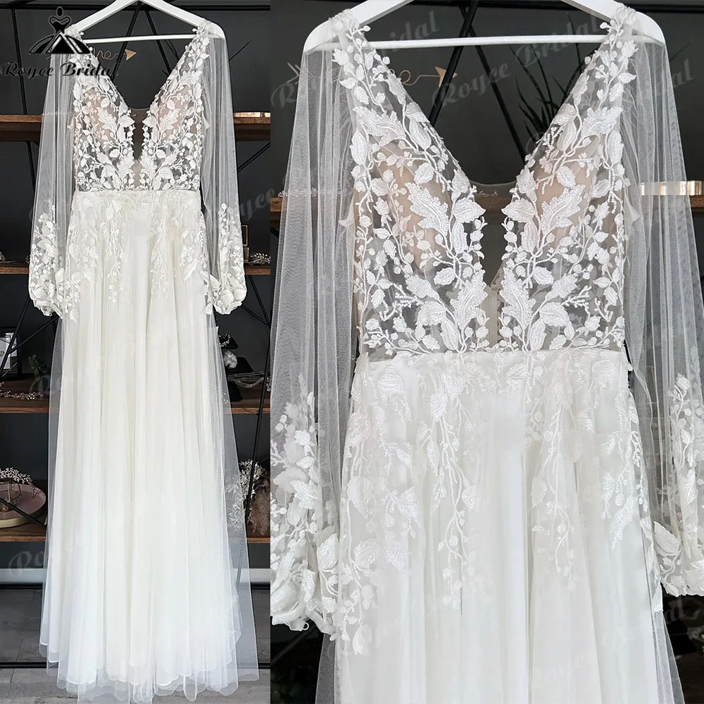 Plunging Deep V Neck Long Sleeve Boho Lace Floral Wedding Dress 2023 Beach Robe Boheme Femme Chic Wedding Gown for Brid Elegant