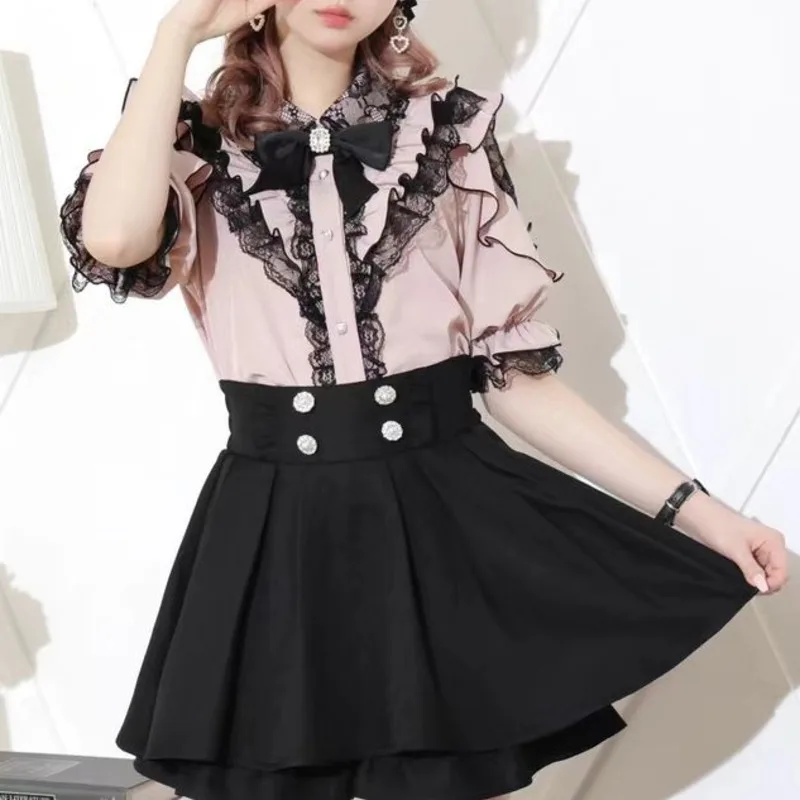 Landmine Tops&Tees Bow Y2K Lotus Leaf Edge Women Japanese Off Shoulder Lace Mid Buttoned Cardigan Sleeve Sweet Shirt Top Tee New