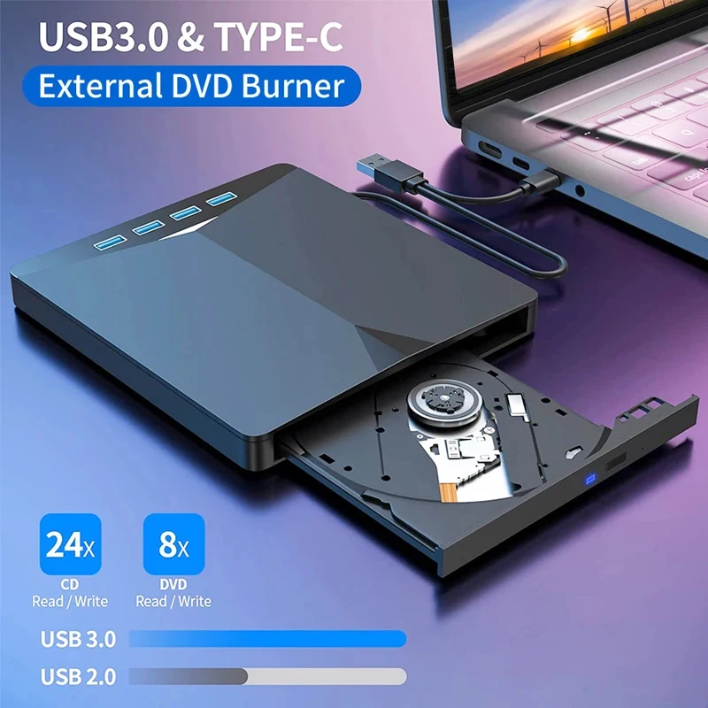 7-in-1多機能外付けdvdドライブ、usb-type-cポータブルcd-dvdバーナープレーヤー光学ドライブ（ノートパソコン、デスクトップpc用）