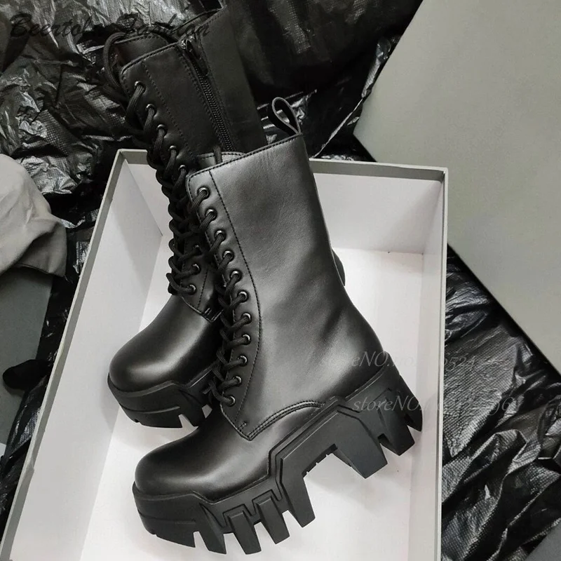 Calf Lace Up Leather Boots Women Raised Platform Side Zip Booties Gear Sole Casual Spring Black Cool Girl Shoes Sporty Catwalk