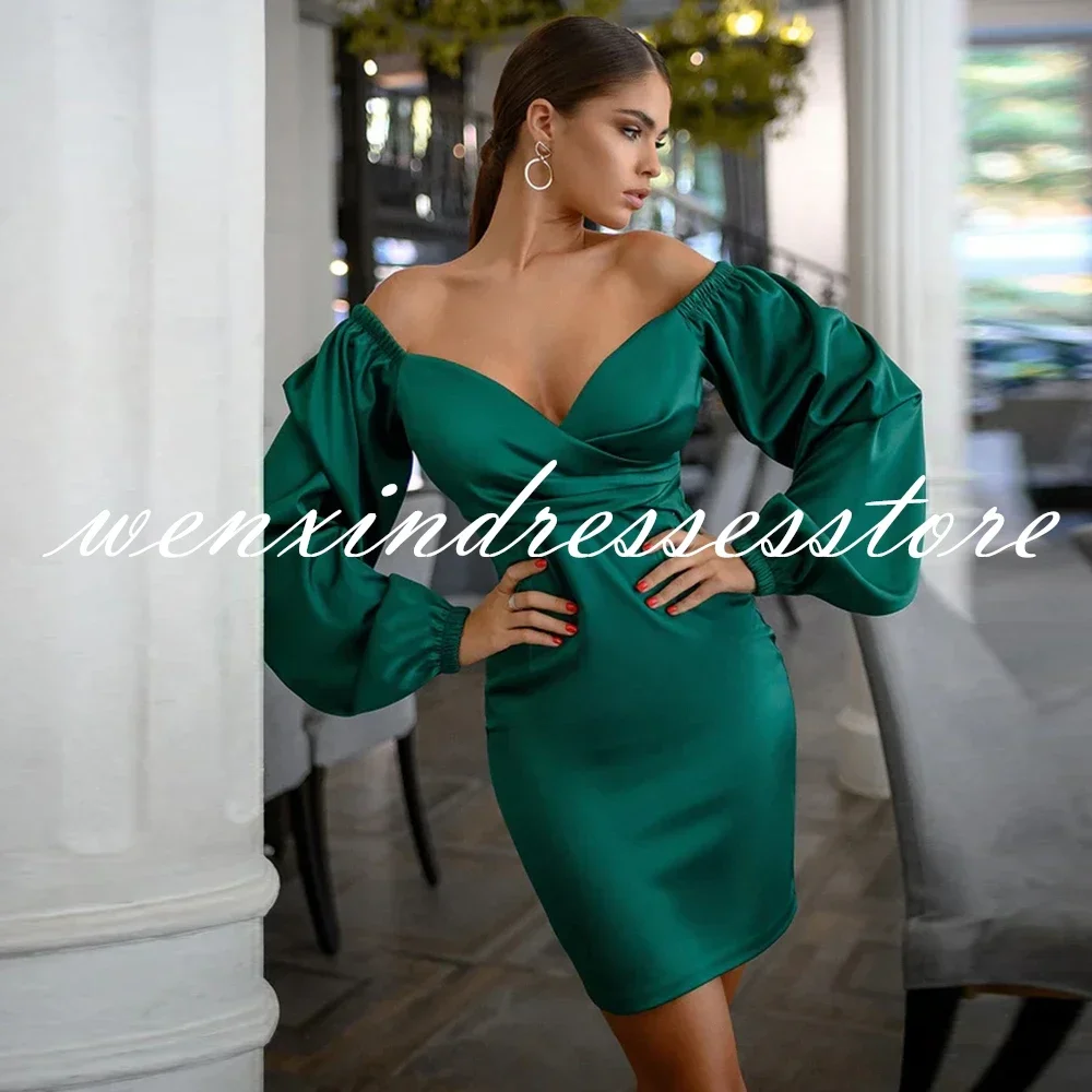 Sexy Women Classic Straight Knee Length Cocktail Dress V Neck Off the Shoulder 3/4 Sleeves Green  Pleats Backless Dubai 2024