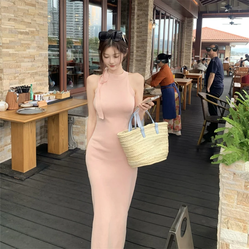 

Halter Lace Up Knitted Maxi Dresses Women Off-shoulder Sleeveless Elastic Dress