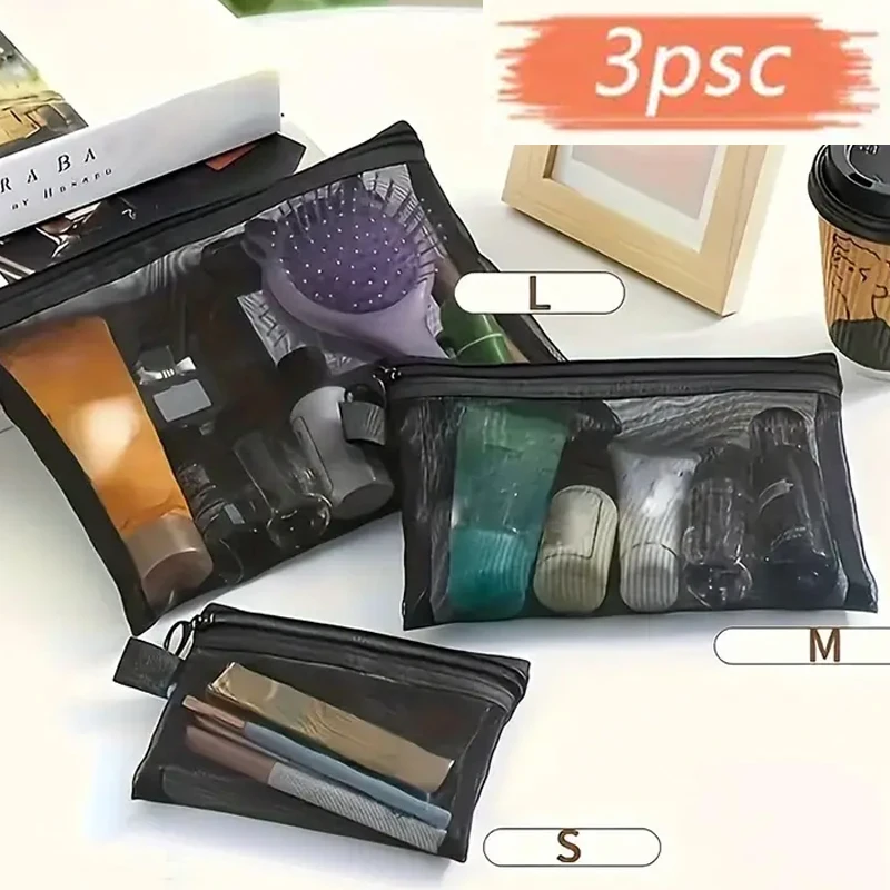 

3 шт., черная нейлоновая сетчатая косметичка на молнии, органайзер для туалетных принадлежностей, косметички, многофункциональная женская помада, ключ, кошелек для монет