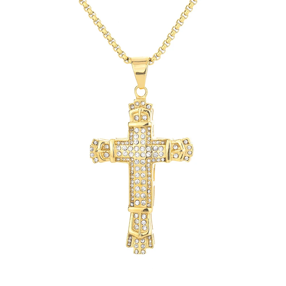 

Hip Hop Iced Out Christ Jesus Cross Pendant Gold Color Stainless Steel Christian Necklace for Women Men Religious Jewelry Gift