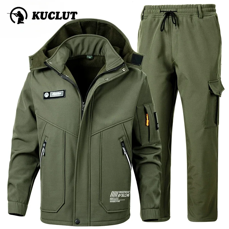 Outdoors Winter Thicken Warm Fleece Sets Windproof Waterproof Proof Wear-resistant Work Suit Hooded Jacket+straight Pant 2-piece