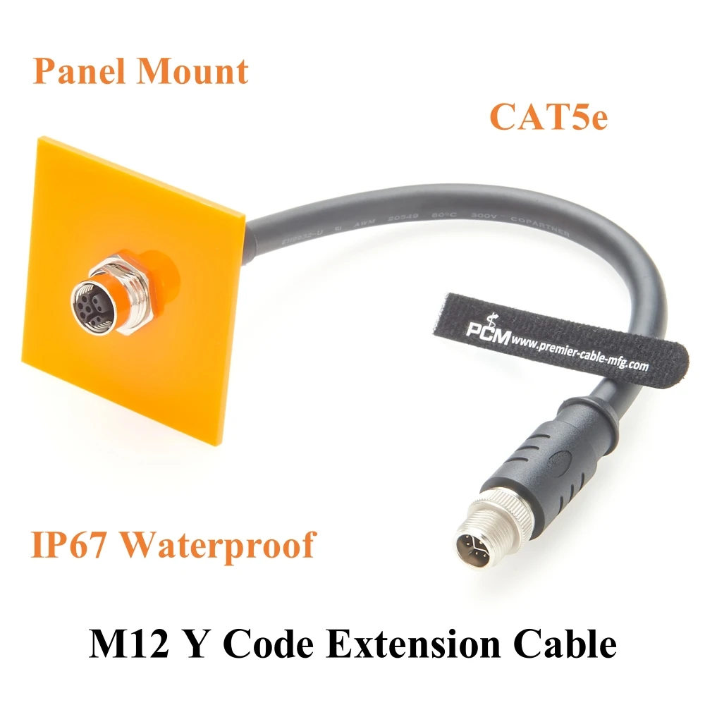 Panel Mount M12 Y Code Extension Cable Male to Female IP67 CAT5e Micro-C Ethernet & Power Cable for Camera, Machine Vision