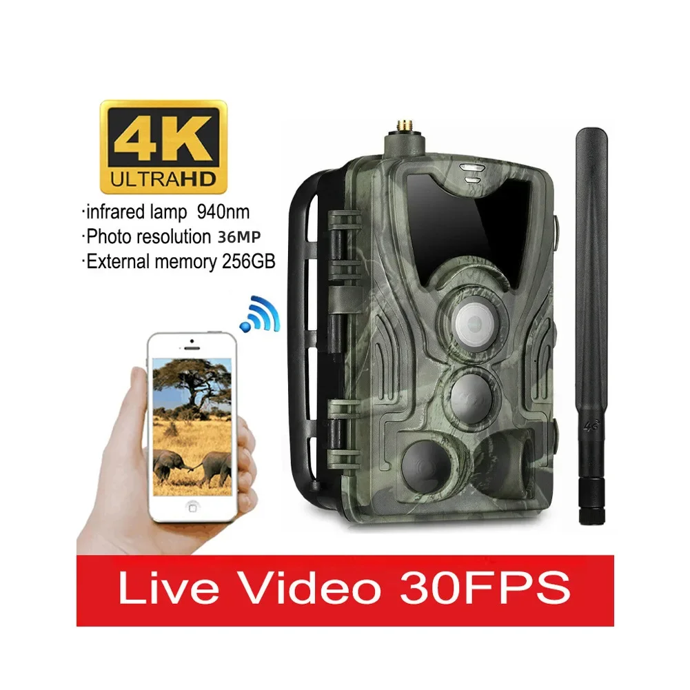

4K 4G MMS Outdoor Trail Camera - 20M IR Night Vision 120° 3-PIR IP66 Waterproof 256GB TF Card APP Remote Hunting Camera