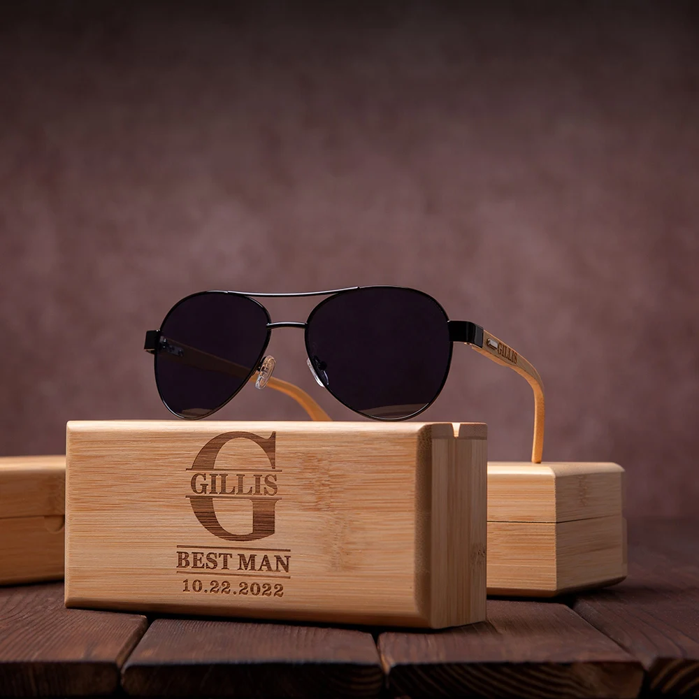 

Personalized Groomsmen Wooden Box Glasses Case Sunglasses Black Mirrors with Lettering Fashion Leg Metal Wedding Gift Sunglasses