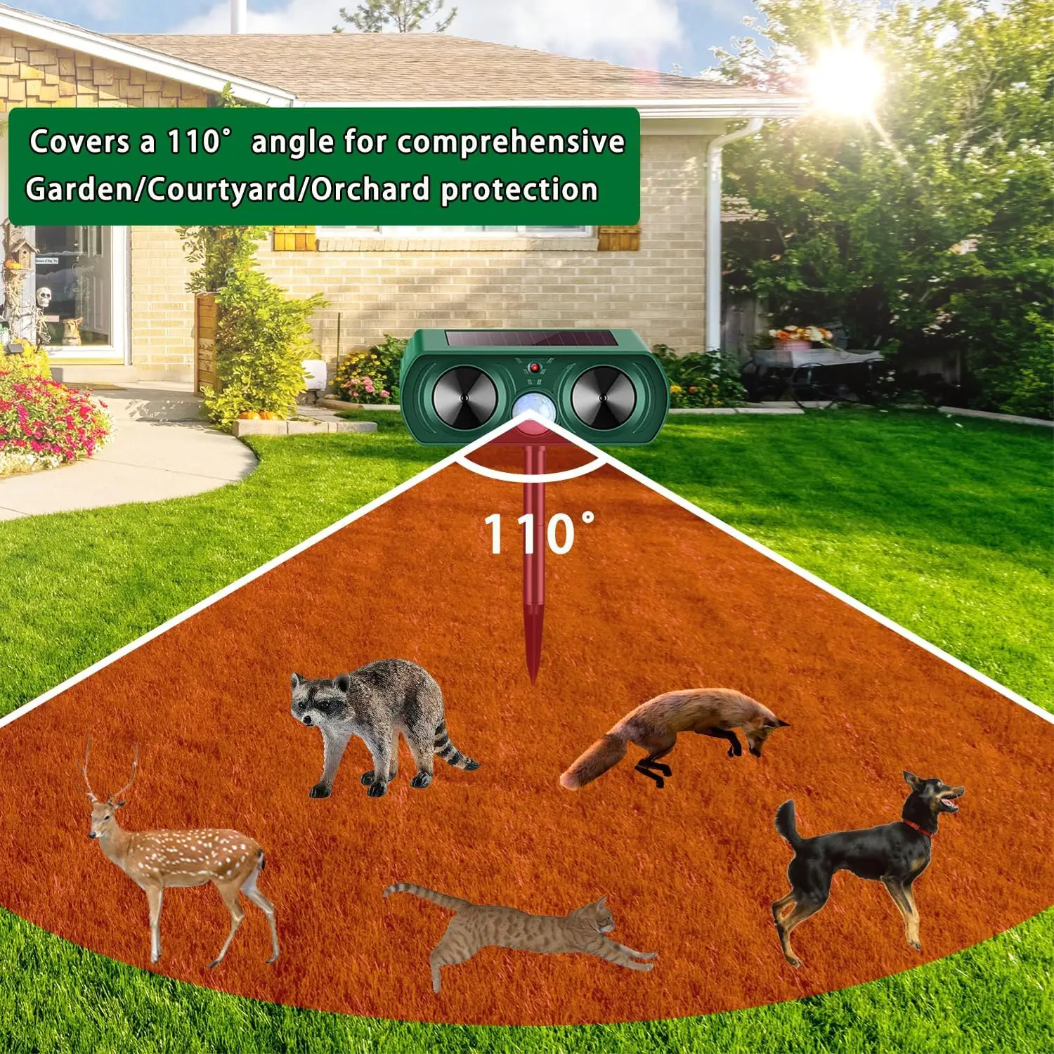 New Upgrade  solar waterproof deer-repellent device with flashing light repels rabbits, dogs, raccoons, cats, rodents， skunks