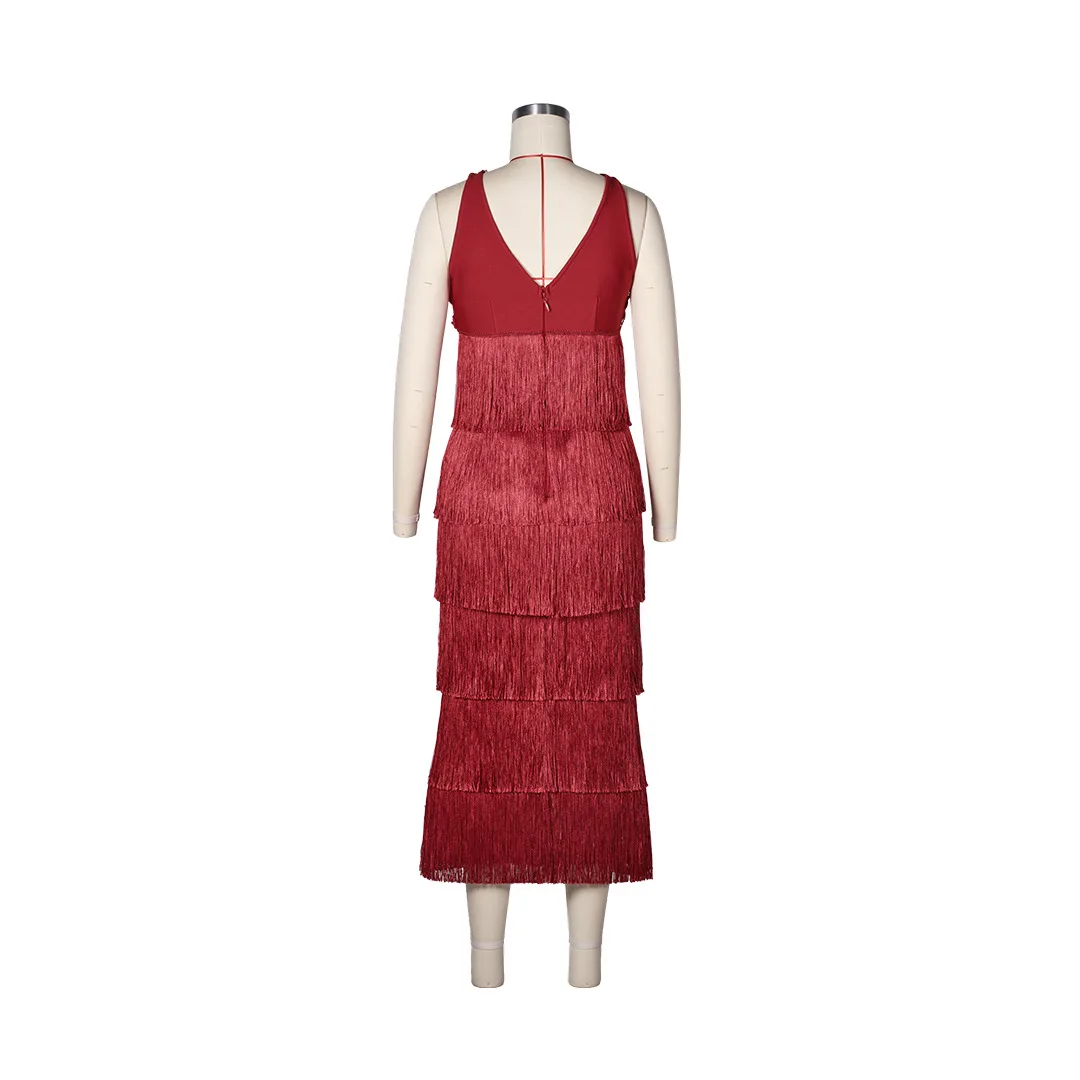 Elegant Lace Panel Tiered Fringe Maxi Dress Sexy Deep V Neck Layer Fringe A-Line Long Dress Evening Party Cocktail Gowns