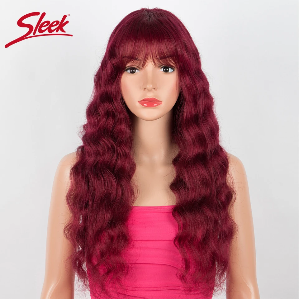 Sleek Brazilian Body Wave Wigs Red Burgundy Color Long Loose Wavy Natural Remy Black Dark Human Hair Wig With Bangs For Women